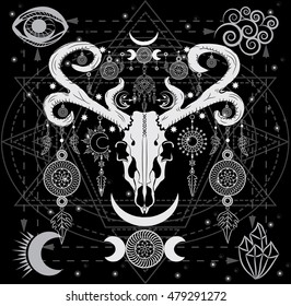 Four primal elements - water, fire, air, earth. Cow skull and the ornamental moon on the sacred geometry backgorund. Boho chic style.