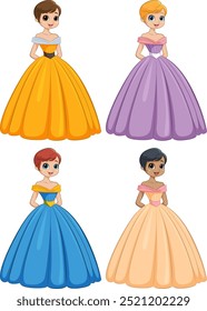 Four princesses in vibrant, elegant gowns