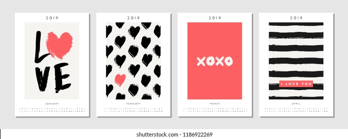 Four printable A4 size 2019 calendar templates for January, February, March and April. Hand drawn hearts, stripes, symbols and typographic design in black, white and red.