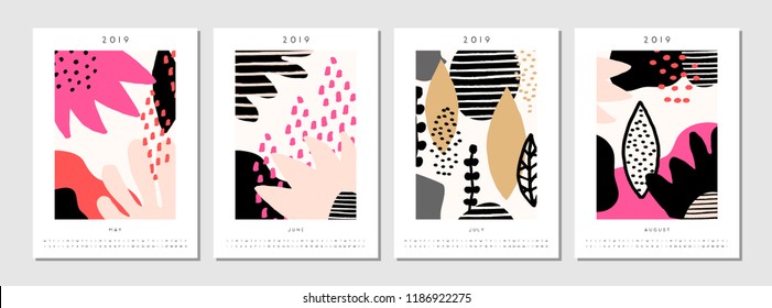 Four printable A4 size 2019 calendar templates for May, June, July and August. Abstract geometric and nature-inspired shapes in black, pastel pink, white and red.