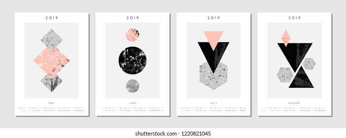 Four printable A4 size 2019 calendar templates for May, June, July and August. Abstract compositions with textured geometric shapes in black, gray and pastel pink.