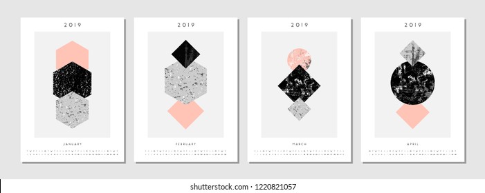 Four printable A4 size 2019 calendar templates for January, February, March and April. Abstract compositions with textured geometric shapes in black, gray and pastel pink.