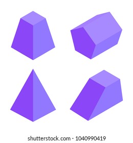 Four prisms banner, geometric elements collection isolated on white backdrop, square pyramids, pentagonal and trapezoidal prisms, vector illustration