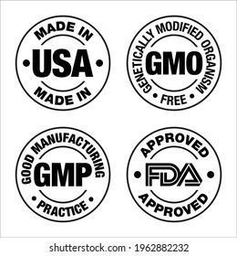 Four product badges, made in USA GMO free, Good manufacturing practice, approved