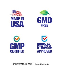 Four product badges, made in USA GMO free, Good manufacturing practice, approved