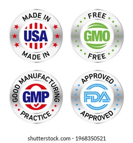 Four product badges, made in USA GMO free, Good manufacturing practice, approved