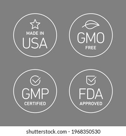 Four product badges, made in USA GMO free, Good manufacturing practice, approved