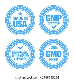 Four product badges, made in USA, GMO free, Good manufacturing practice, approved