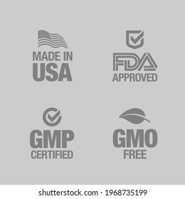 Four product badges, made in USA, GMO free, Good manufacturing practice, approved