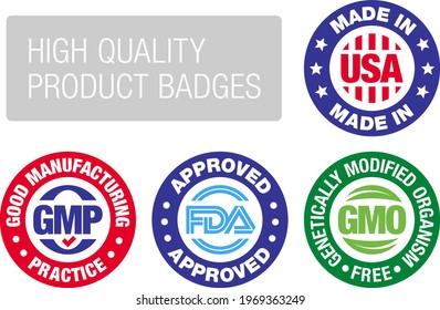 Four product badges, made in USA, GMO free, Good manufacturing practice, approved