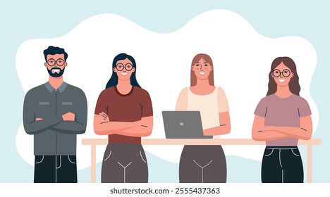 Four professionals standing together with a laptop on the table, smiling confidently, vector illustration.