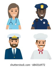 Four professions vector illustration of female doctor in blue uniform, black male policeman, bearded sailor and whiskered chef cook