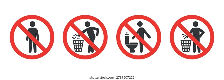 four prohibited action icons in red circles showing forbidden behaviors like littering and using toilet improperly.