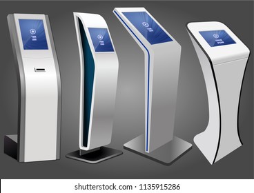 Four Promotional Interactive Information Kiosk, Advertising Display, Terminal Stand, Touch Screen Display. Mock Up Template.