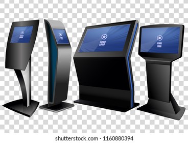 Four Promotional Interactive Information Kiosk, Advertising Display, Terminal Stand, Touch Screen Display isolated on transparent background. Mock Up Template.