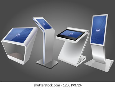 Four Promotional Interactive Information Kiosk, Advertising Display, Terminal Stand, Touch Screen Display. Mock Up Template.