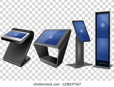 Four Promotional Interactive Information Kiosk, Advertising Display, Terminal Stand, Touch Screen Display isolated on transparent background. Mock Up Template.