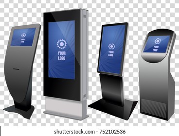 Four Promotional Interactive Information Kiosk, Advertising Display, Terminal Stand, Touch Screen Display isolated on transparent background. Mock Up Template.