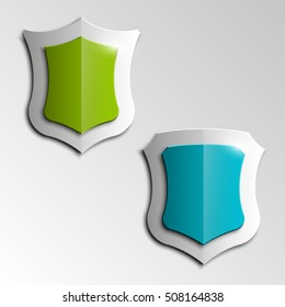 Four Protection shield concept. Safety badge icon. Privacy banner. Security label. Defense tag. Presentation sticker shape. Defense sign. Vector illustration