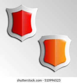 Four Protection shield concept. Safety badge icon. Privacy banner. Security label. Defense tag. Presentation sticker shape. Defense sign. Vector illustration