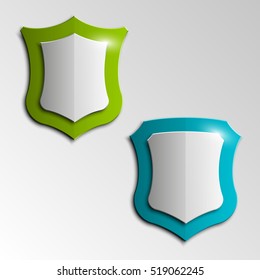 Four Protection shield concept. Safety badge icon. Privacy banner. Security label. Defense tag. Presentation sticker shape. Defense sign. Vector illustration