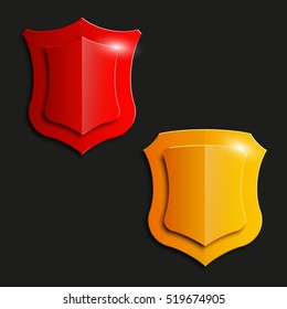 Four Protection shield concept. Safety badge icon. Privacy banner. Security label. Defense tag. Presentation sticker shape. Vector illustration