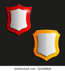 Four Protection shield concept. Safety badge icon. Privacy banner. Security label. Defense tag. Presentation sticker shape. Vector illustration