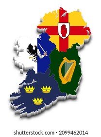 La bandera de las cuatro provincias de Irlanda en el mapa 3d. Leinster, Munster, Connacht y Ulster. Ilustración vectorial. Todo aislado en un fondo blanco.