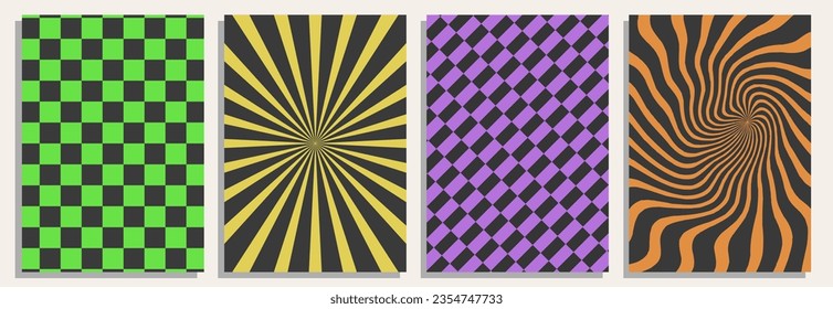 Four psychedelic retro backgrounds, templates, papers, covers, vector abstract graphics, 90s old fashioned backdrops.