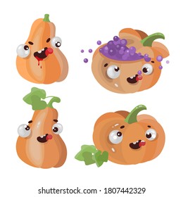 FOUR PUMPKINS Halloween Mystic Holiday Cartoon Hand Drawn Flat Design Witch Girl Vector Illustration Set For Print