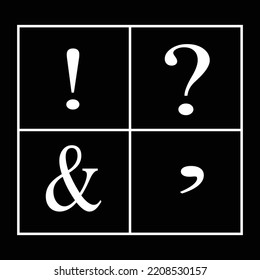 Four punctuation marks isolated over the black background, question and exclamation marks, and comma