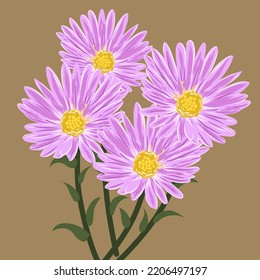 four purple chrysanthemums flowers with white stripes on blooming petals