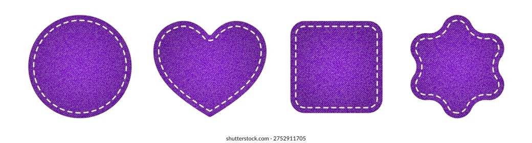 Four purple denim texture patch shapes with dashed line stitching