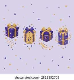 Four purple gift boxes with gold accents and ribbons on a light purple background with stars