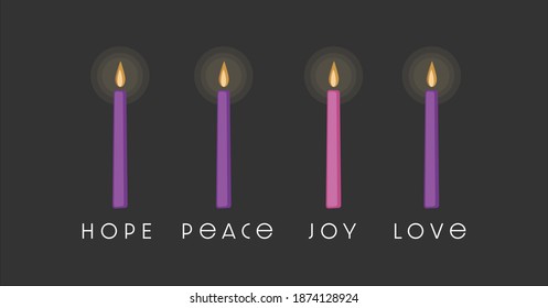 The four purple and pink  candles of Advent season symbolize hope, peace, love, and joy. 