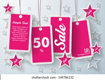 Four purple price stickers with stars on the grey background. Eps 10 vector file.