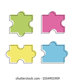 Four puzzle colored pieces vector illustration, isolated on white background - line style