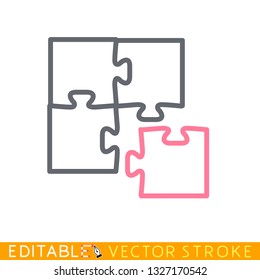 Four puzzle icon. Separate part. White background. Easy changing vector with editable strokes.