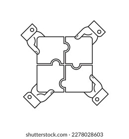 Cuatro partes del rompecabezas en 4 manos. Solución conjunta de problemas, diseño de planificación estratégica, trabajo en equipo de cooperación. Ilustración vectorial.