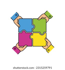 Four puzzle parts in 4 hands. Solving problems together, strategic planning design, teamwork collaborative cooperation work. Vector illustration.