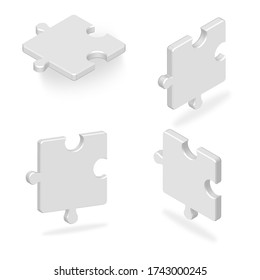 Cuatro piezas de rompecabezas vector 3d.  Conjunto de piezas de rompecabezas monocromáticas con sombra aislada.  Rompecabezas 3d vector o tu diseño de sitio web, logotipo, aplicación, interfaz de usuario. Vector de material.  EPS10.