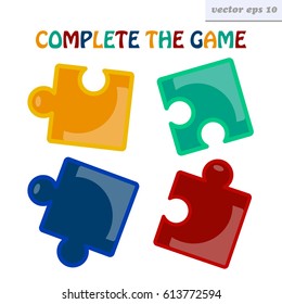 Four puzzle pieces are ready to be completed. Vector elements for logo, print, logical game design, children book, poster.