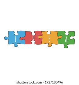 Four puzzle pieces vector isolated colored logo with IDEA word, puzzle chain. Game logo, fresh idea concept.Stock Vector illustration isolated