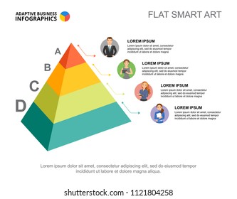 Four pyramid levels process chart template for presentation. Business data visualization. Idea, teamwork, research or marketing creative concept for infographic, report, project layout.