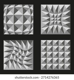 Four pyramid patterns. Abstract threeD tiles. Geometric square texture. Vector dynamic composition. EPS 10.