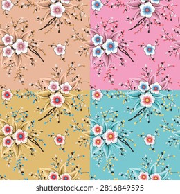 Four quadrant botanical illustration surface ornamentation wallpaper textile repeat seamless pattern floral design and one piece design