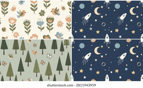 Four quadrant collage showcasing a variety of cute seamless patterns including natural flowers, pine forests, and outer space.