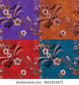 Four quadrant floral repeat pattern design featuring stylized botanical elements against bold vibrant solid color