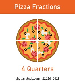 Four quarters pizza fractions. Fraction for kids. Pizza slices. Fraction fun with pizza. vector illustration isolated on white background.