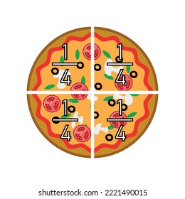 Four quarters pizza fractions. Fraction for kids. Pizza slices. Fraction fun with pizza. vector illustration isolated on white background.